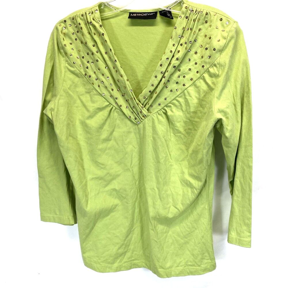 Metro Style Woman Sz L Blouse Shirt 3/4 Sleeve Green V-Neck Cotton Sequin Collar